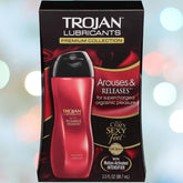 A bottle of Trojan Arouses & Releases Personal Lubricant from the Premium Collection. The packaging reads: "Arouses & Releases for supercharged organic pleasure," and "for a crazy sexy feel with motion-activated intensifier." This intimate lubricant offers continuous lubrication, enhancing every moment. Bottle volume is 3 FL OZ (88.7 mL).
